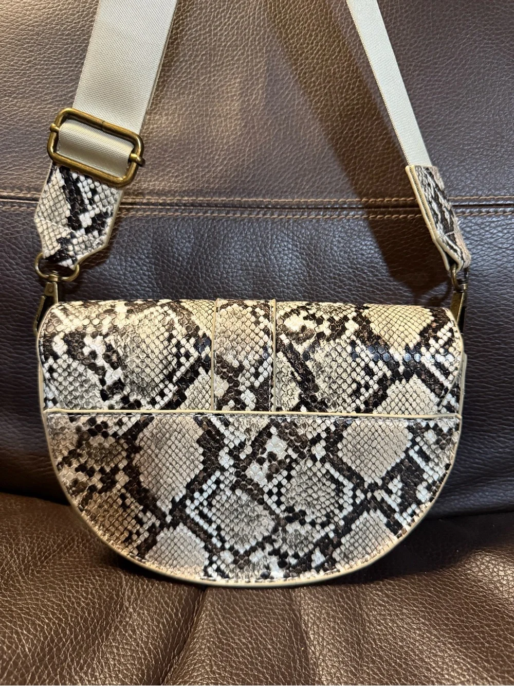 Snake-Print Crossbody Saddle Bag in Brown & Cream